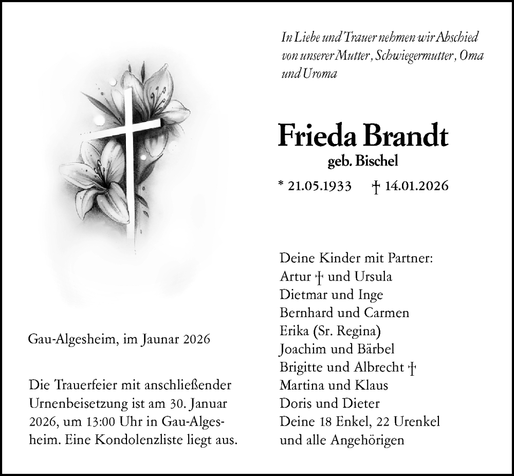  Traueranzeige für Frieda Brandt vom 24.01.2026 aus Binger-/Ingelheimer Wochenblatt
