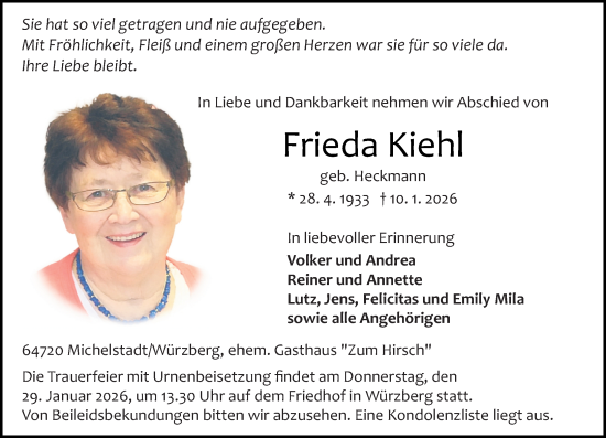 Traueranzeige von Frieda Kiehl von Odenwälder Echo
