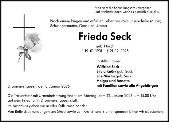Traueranzeige von Frieda Seck von Weilburger Tageblatt