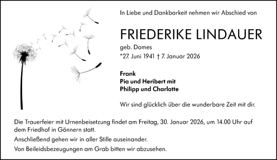 Traueranzeige von Friederike Lindauer von Hinterländer Anzeiger