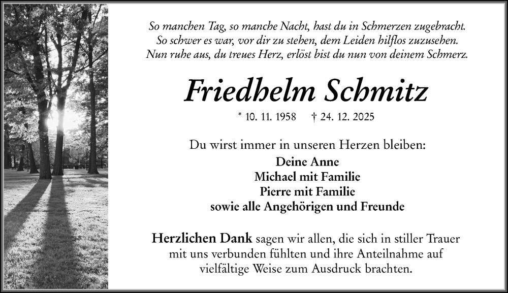 Traueranzeige für Friedhelm Schmitz vom 17.01.2026 aus Wetzlarer Neue Zeitung