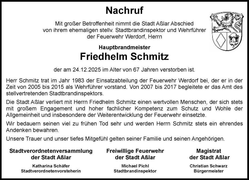  Traueranzeige für Friedhelm Schmitz vom 24.01.2026 aus Wetzlarer Neue Zeitung
