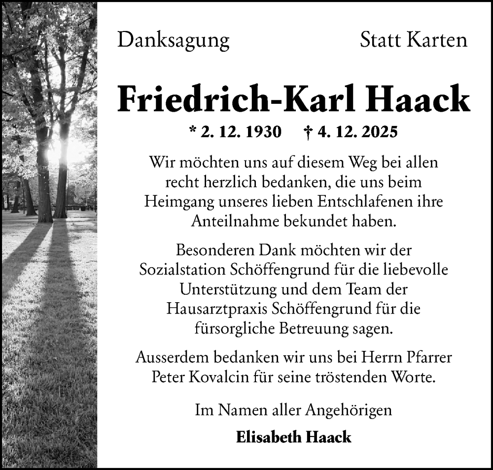  Traueranzeige für Friedrich-Karl Haack vom 10.01.2026 aus Wetzlarer Neue Zeitung