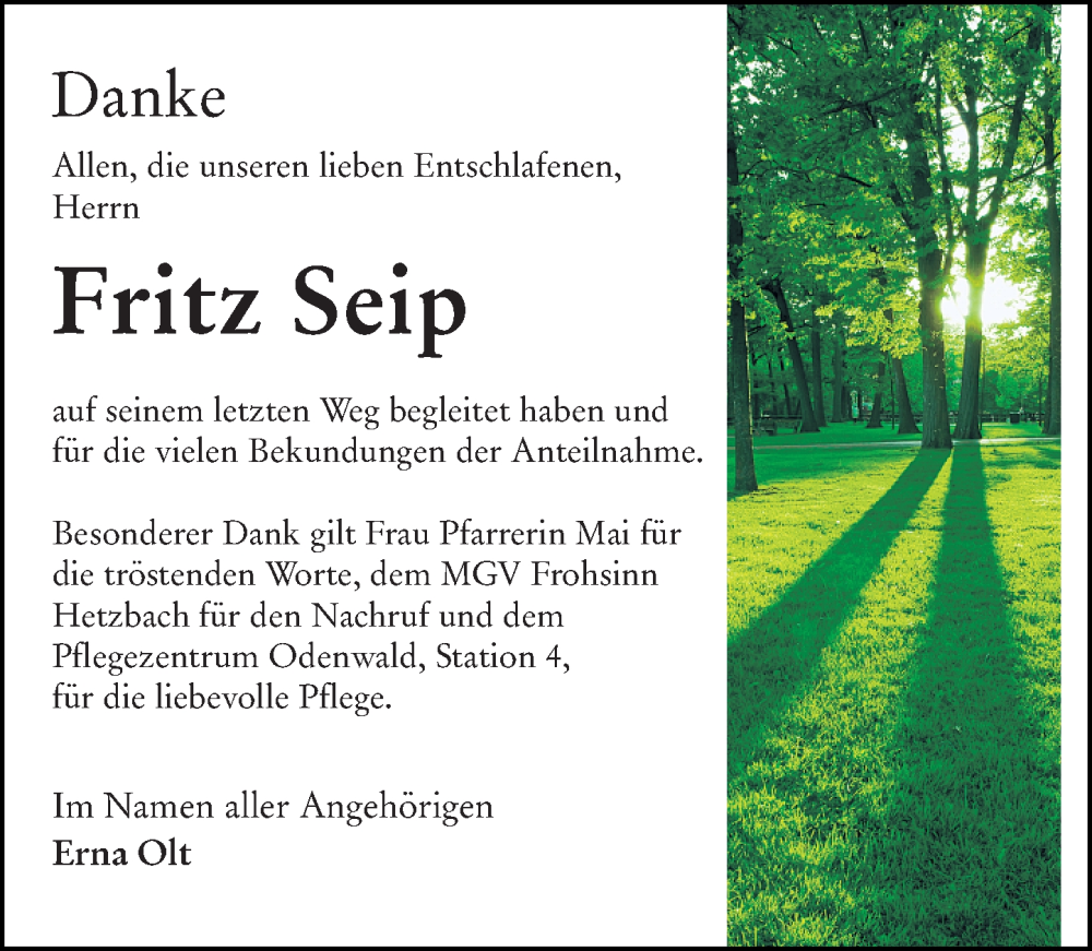  Traueranzeige für Fritz Seip vom 24.01.2026 aus Odenwälder Echo