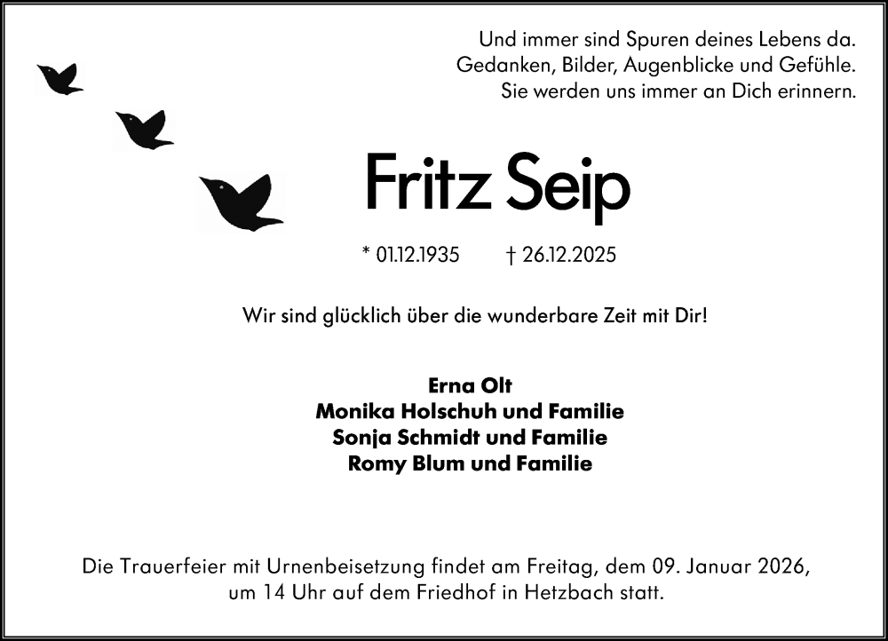  Traueranzeige für Fritz Seip vom 03.01.2026 aus Odenwälder Echo