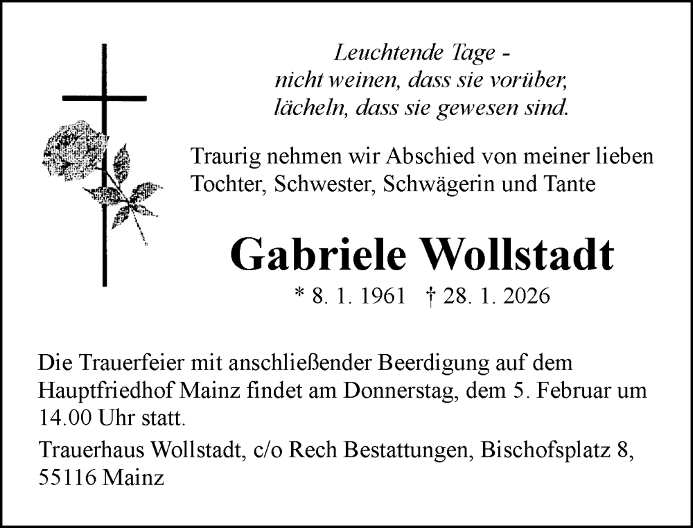  Traueranzeige für Gabriele Wollstadt vom 31.01.2026 aus Allgemeine Zeitung Mainz