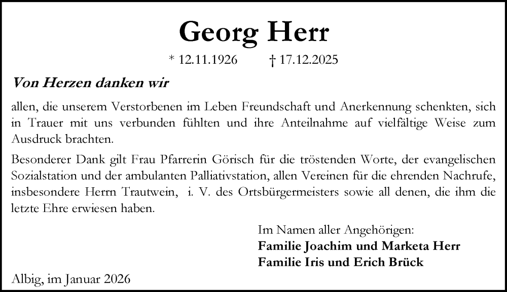  Traueranzeige für Georg Herr vom 10.01.2026 aus Allgemeine Zeitung Alzey