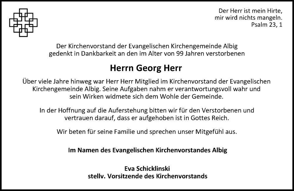  Traueranzeige für Georg Herr vom 10.01.2026 aus Allgemeine Zeitung Alzey