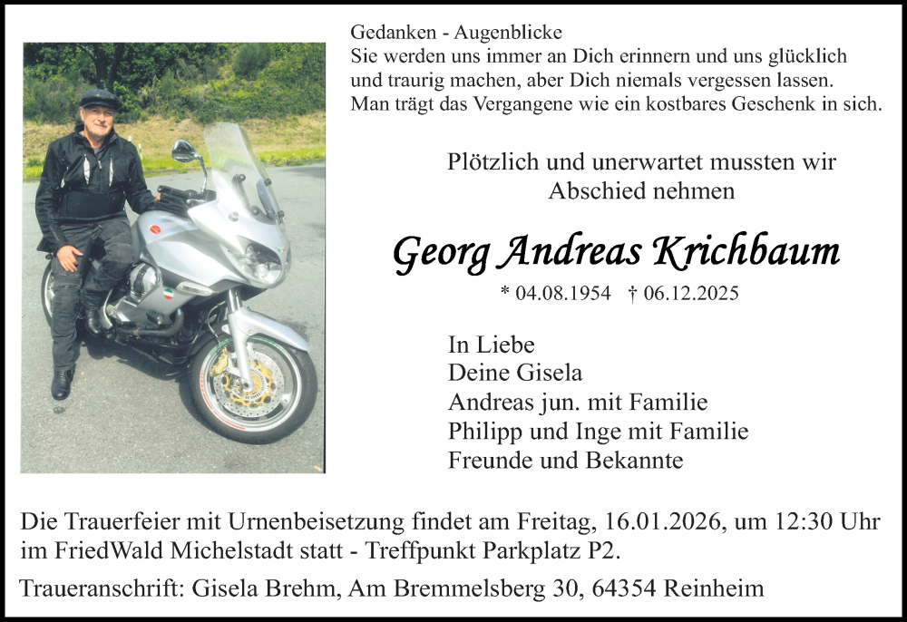  Traueranzeige für Georg Andreas Krichbaum vom 14.01.2026 aus Odenwälder Echo