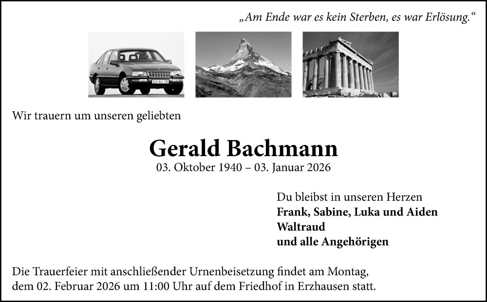  Traueranzeige für Gerald Bachmann vom 24.01.2026 aus Darmstädter Echo