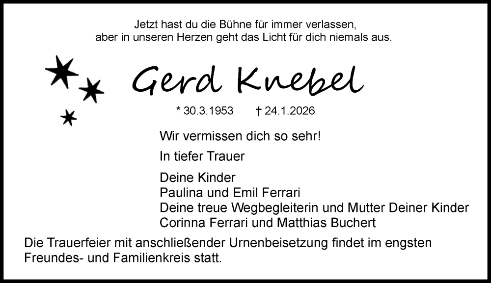  Traueranzeige für Gerd Knepel vom 31.01.2026 aus Dieburger Anzeiger/Groß-Zimmerner Lokal-Anzeiger