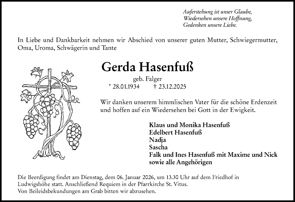  Traueranzeige für Gerda Hasenfuß vom 03.01.2026 aus Allgemeine Zeitung Mainz