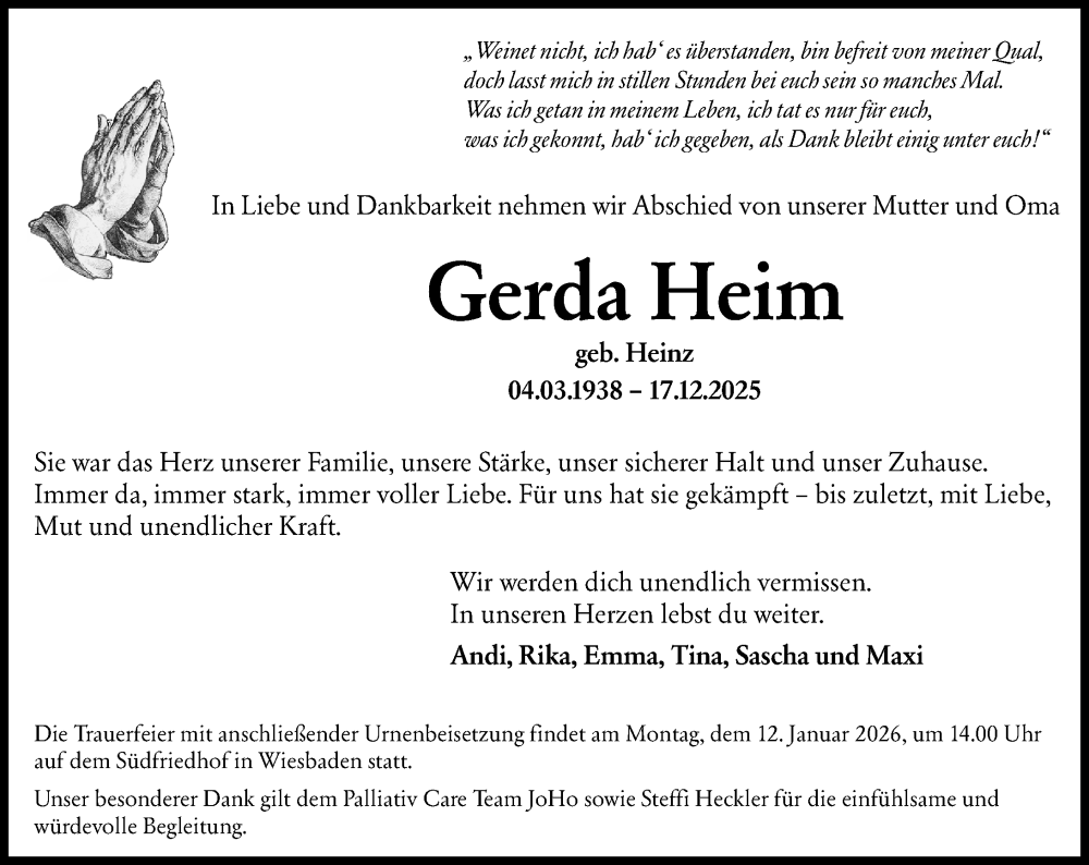  Traueranzeige für Gerda Heim vom 03.01.2026 aus Wiesbadener Kurier