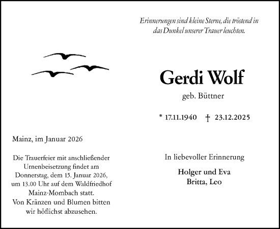 Traueranzeige von Gerdi Wolf von Allgemeine Zeitung Mainz