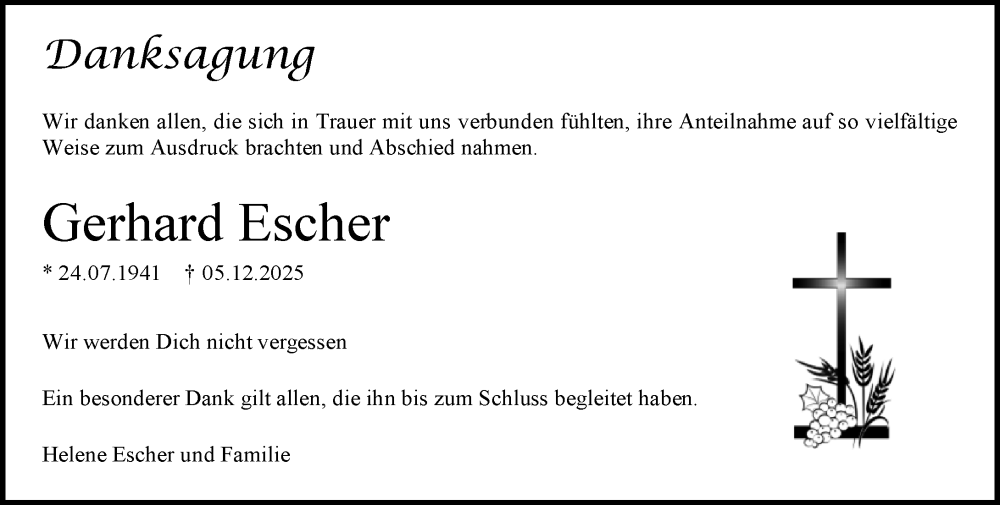  Traueranzeige für Gerhard Escher vom 24.01.2026 aus Allgemeine Zeitung Mainz