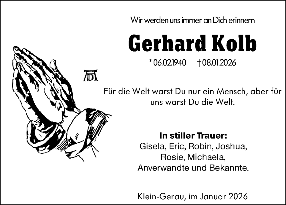  Traueranzeige für Gerhard Kolb vom 24.01.2026 aus Groß-Gerauer Echo