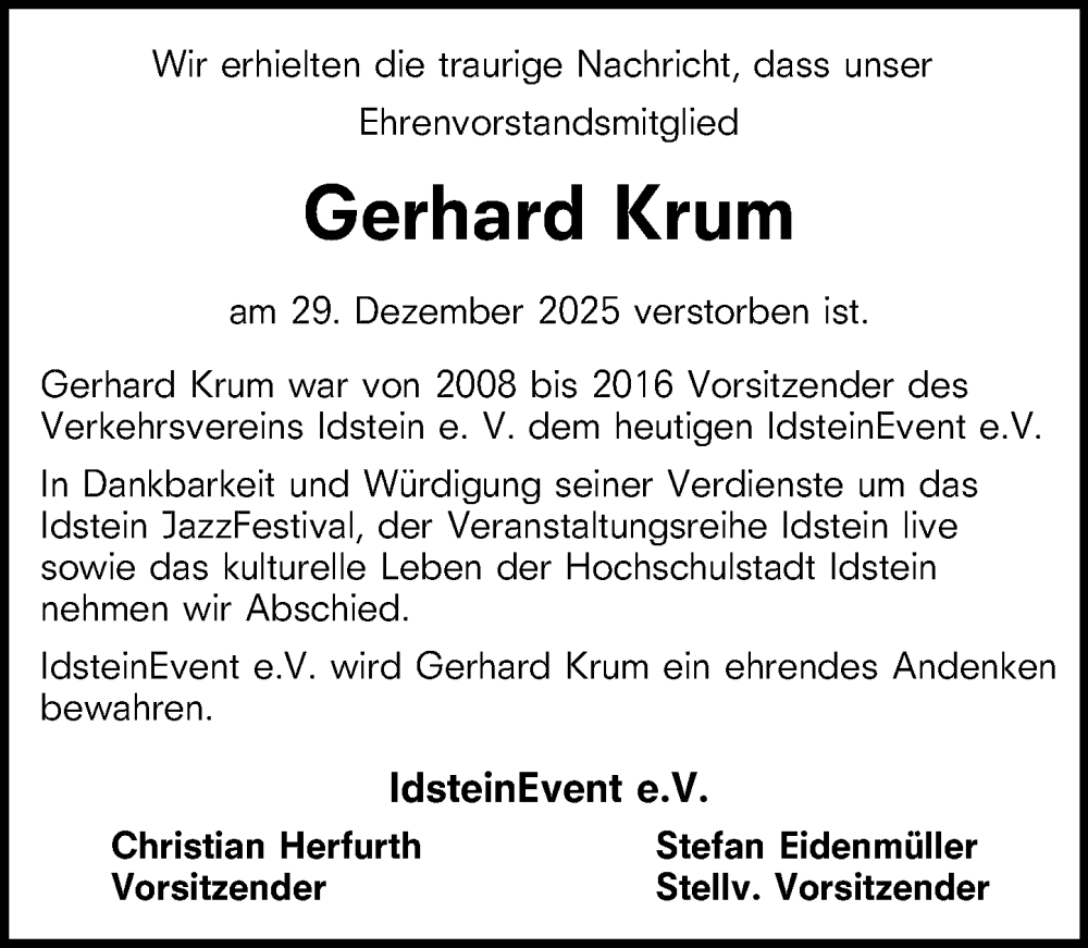  Traueranzeige für Gerhard Krum vom 17.01.2026 aus Idsteiner Land/Untertaunus