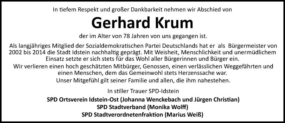  Traueranzeige für Gerhard Krum vom 17.01.2026 aus Wiesbadener Kurier