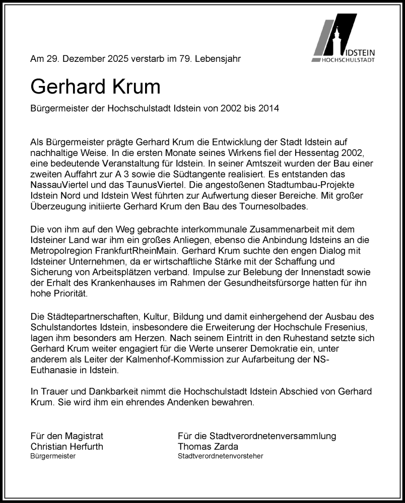  Traueranzeige für Gerhard Krum vom 17.01.2026 aus Idsteiner Land/Untertaunus