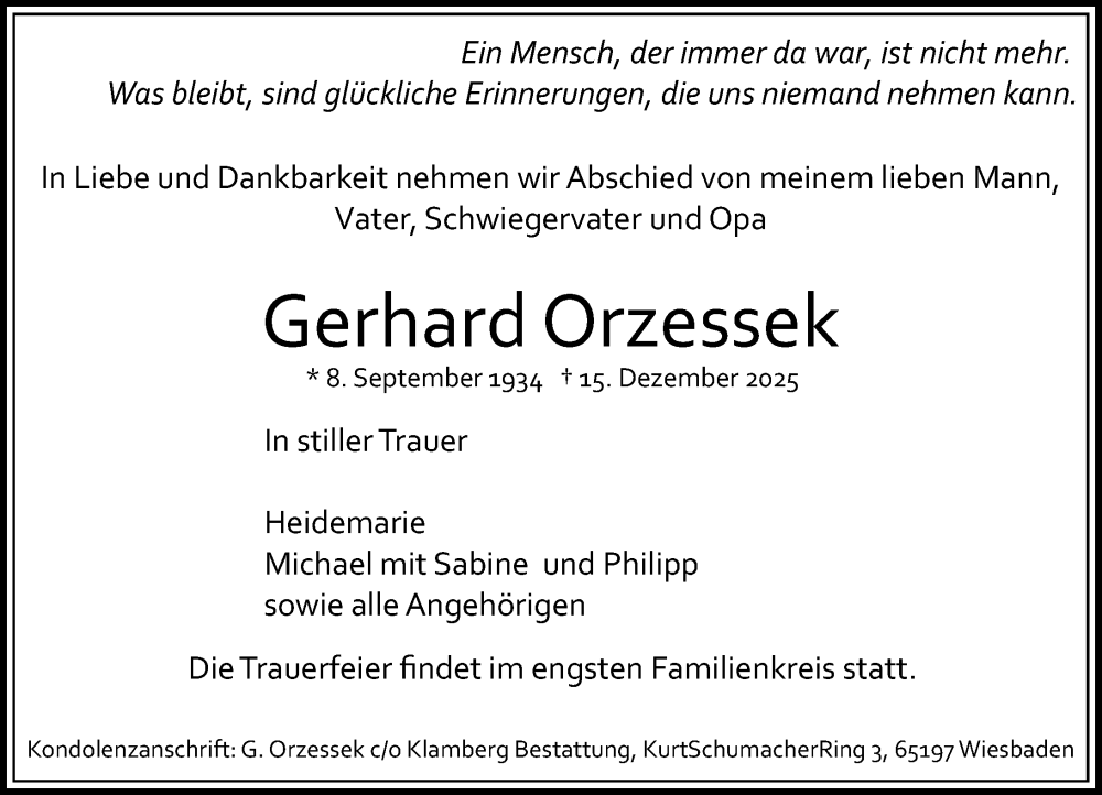  Traueranzeige für Gerhard Orzessek vom 17.01.2026 aus Wiesbadener Kurier