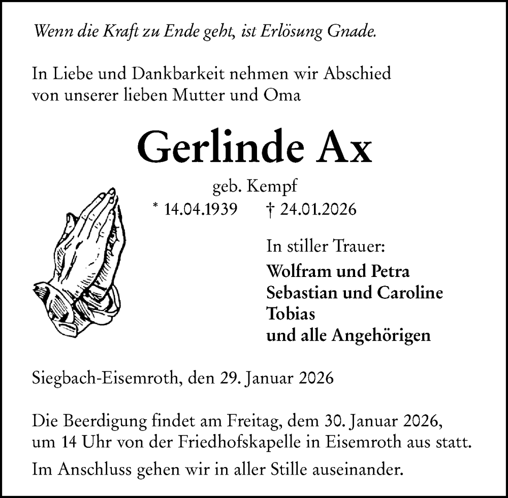  Traueranzeige für Gerlinde Ax vom 29.01.2026 aus Dill Block