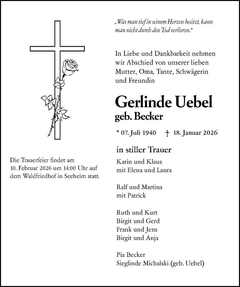  Traueranzeige für Gerlinde Uebel vom 24.01.2026 aus Darmstädter Echo