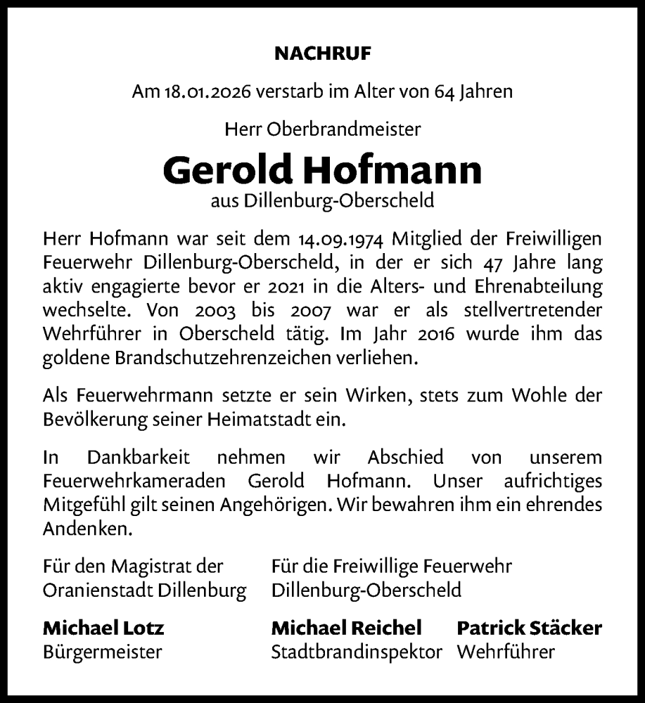  Traueranzeige für Gerold Hofmann vom 31.01.2026 aus Dill Block
