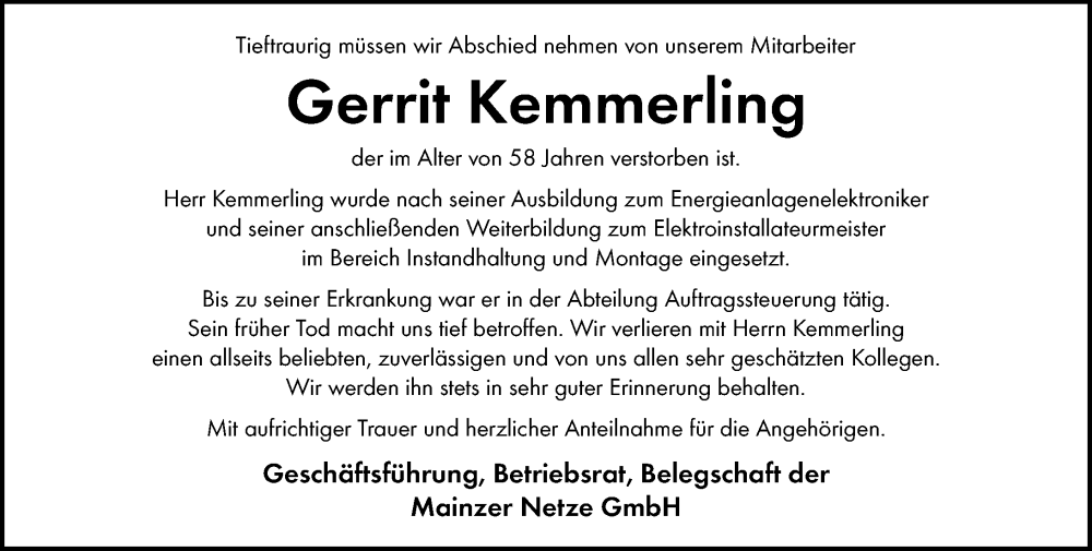  Traueranzeige für Gerrit Kemmerling vom 03.01.2026 aus Allgemeine Zeitung Mainz