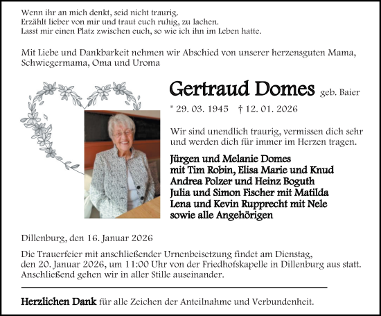 Traueranzeige von Gertraud Domes von Dill Block
