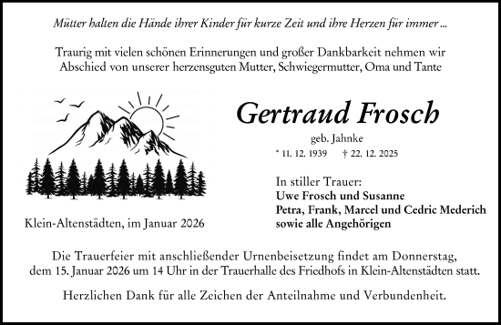 Traueranzeige von Gertraud Frosch von Wetzlarer Neue Zeitung