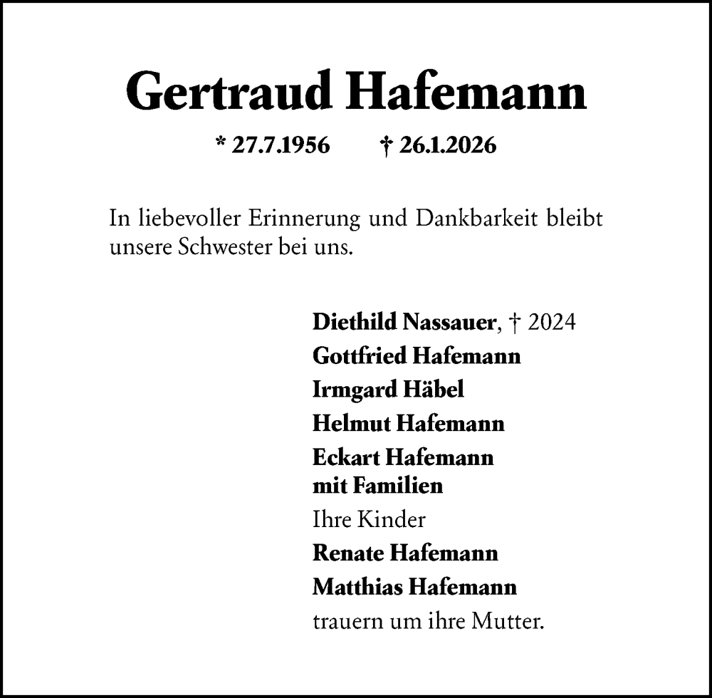  Traueranzeige für Gertraud Hafemann vom 31.01.2026 aus Allgemeine Zeitung Mainz