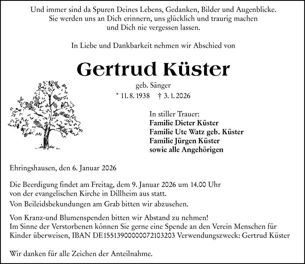  Traueranzeige für Gertrud Küster vom 06.01.2026 aus Wetzlarer Neue Zeitung