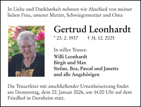 Traueranzeige von Gertrud Leonhardt von Groß-Gerauer Echo