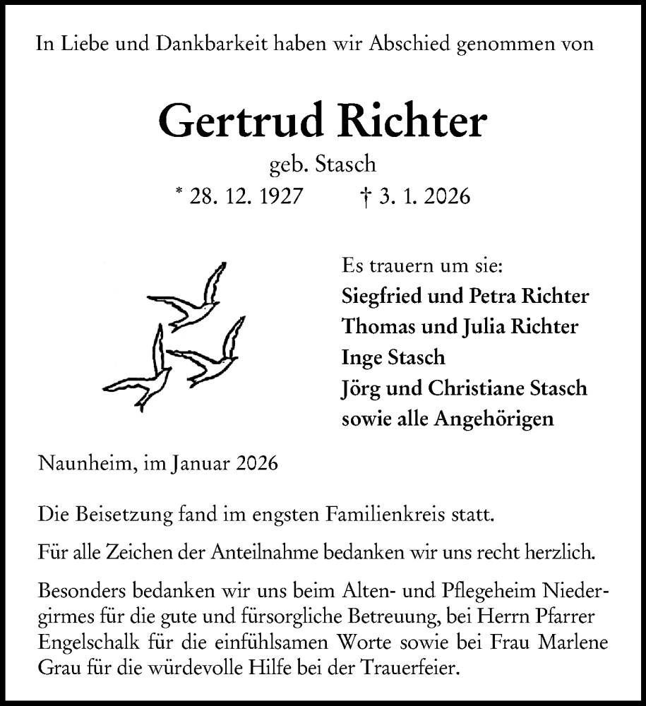  Traueranzeige für Gertrud Richter vom 24.01.2026 aus Wetzlarer Neue Zeitung