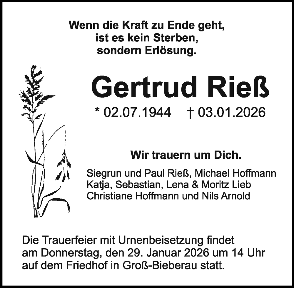  Traueranzeige für Gertrud Riel vom 27.01.2026 aus Darmstädter Echo