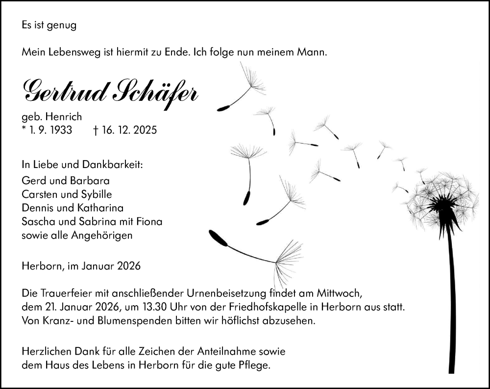  Traueranzeige für Gertrud Schäfer vom 16.01.2026 aus Dill Block