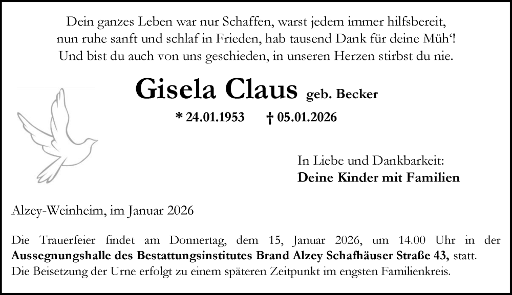  Traueranzeige für Gisela Claus vom 10.01.2026 aus Allgemeine Zeitung Alzey