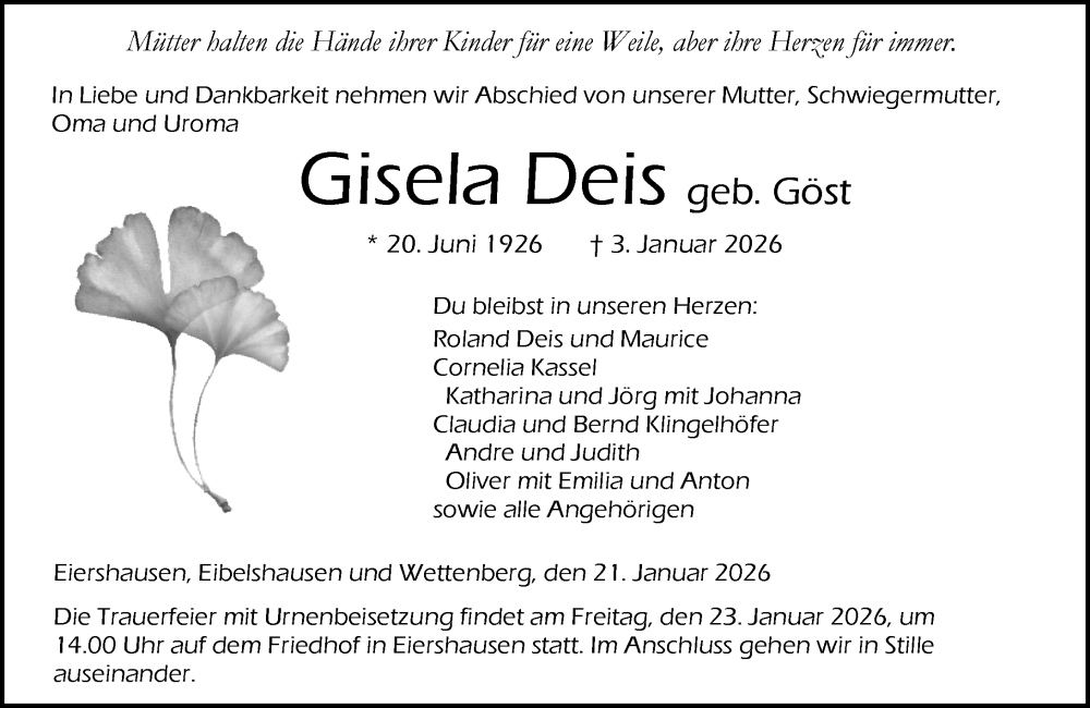  Traueranzeige für Gisela Deis vom 21.01.2026 aus Dill Block