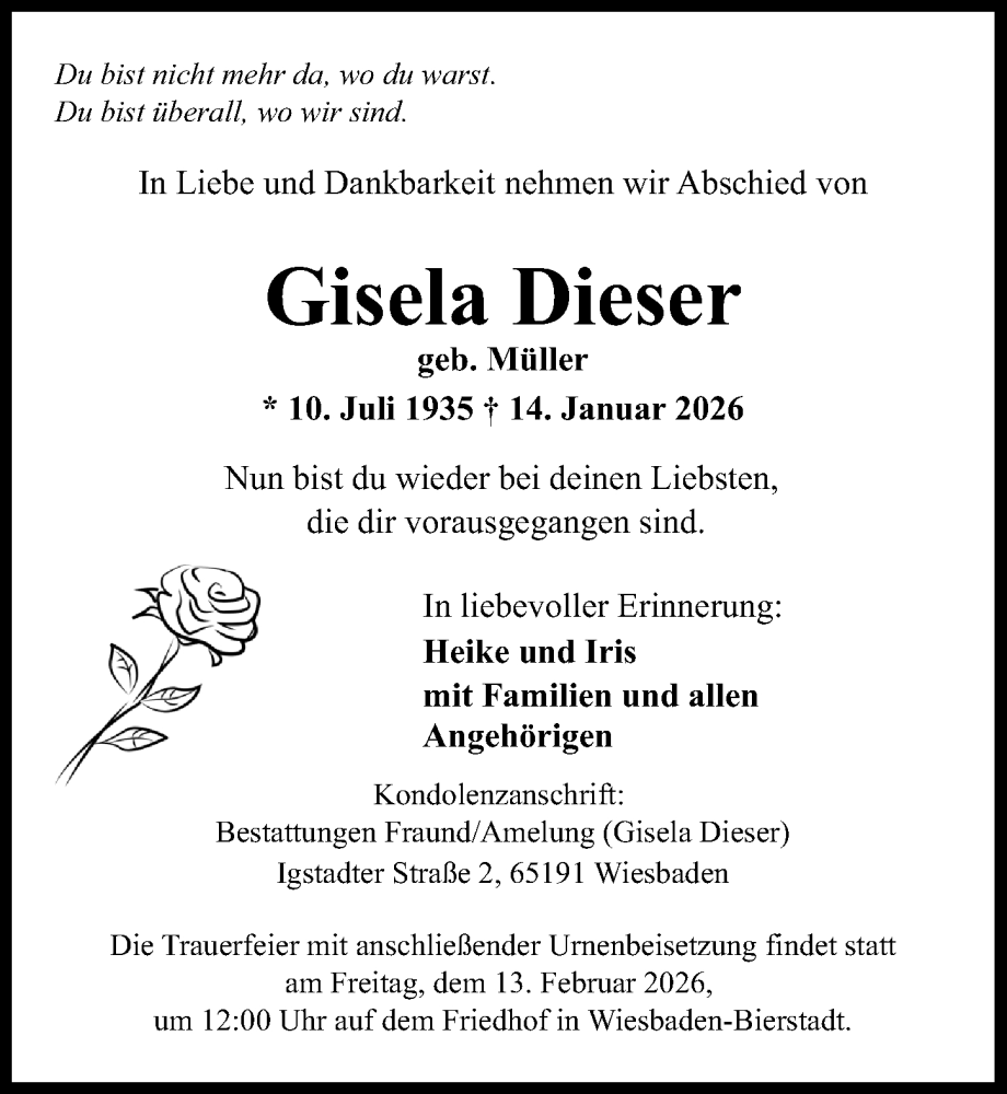  Traueranzeige für Gisela Dieser vom 24.01.2026 aus Wiesbadener Kurier