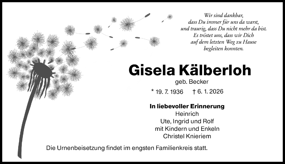  Traueranzeige für Gisela Kälberloh vom 17.01.2026 aus Groß-Gerauer Echo
