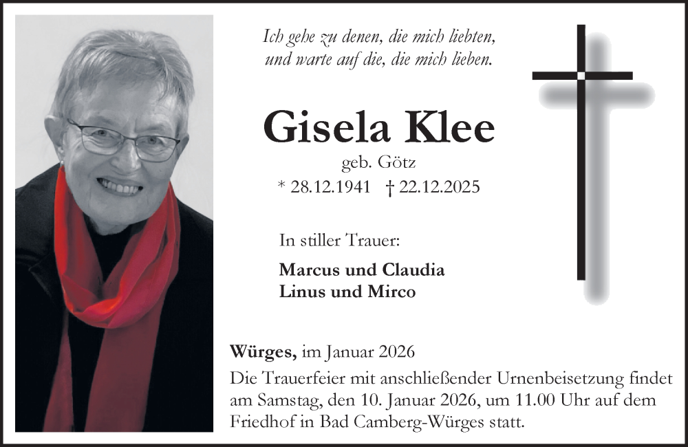  Traueranzeige für Gisela Klee vom 08.01.2026 aus Camberger Anzeiger