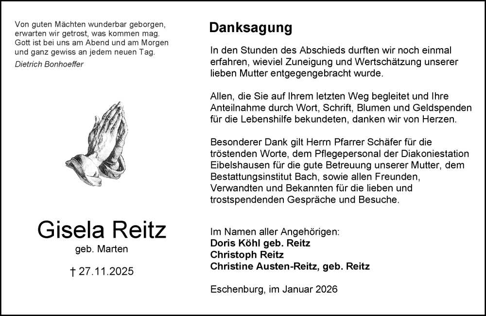  Traueranzeige für Gisela Reitz vom 03.01.2026 aus Dill Block