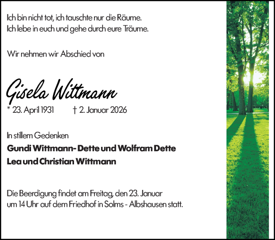 Traueranzeige von Gisela Wittmann von Wetzlarer Neue Zeitung