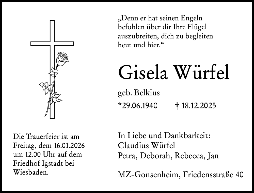  Traueranzeige für Gisela Würfel vom 10.01.2026 aus Allgemeine Zeitung Mainz