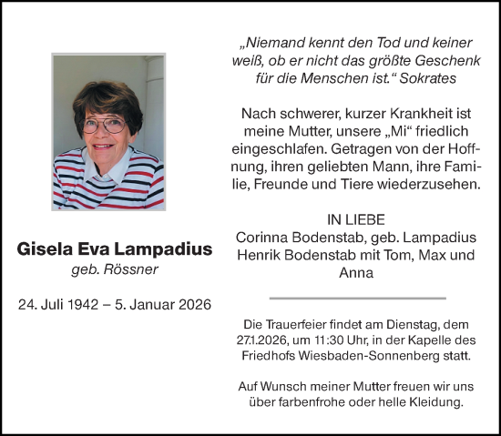 Traueranzeige von Gisela Eva Lampadius von Wiesbadener Kurier