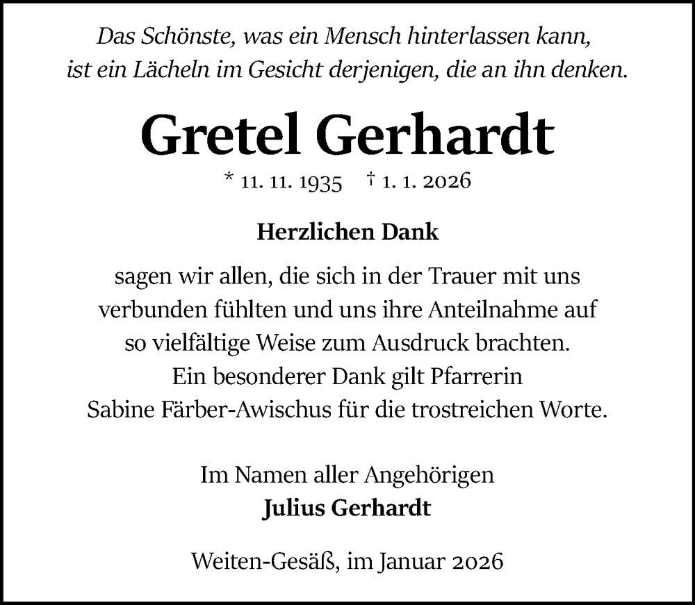  Traueranzeige für Gretel Gerhardt vom 24.01.2026 aus Odenwälder Echo