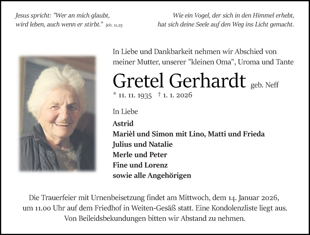  Traueranzeige für Gretel Gerhardt vom 10.01.2026 aus Odenwälder Echo