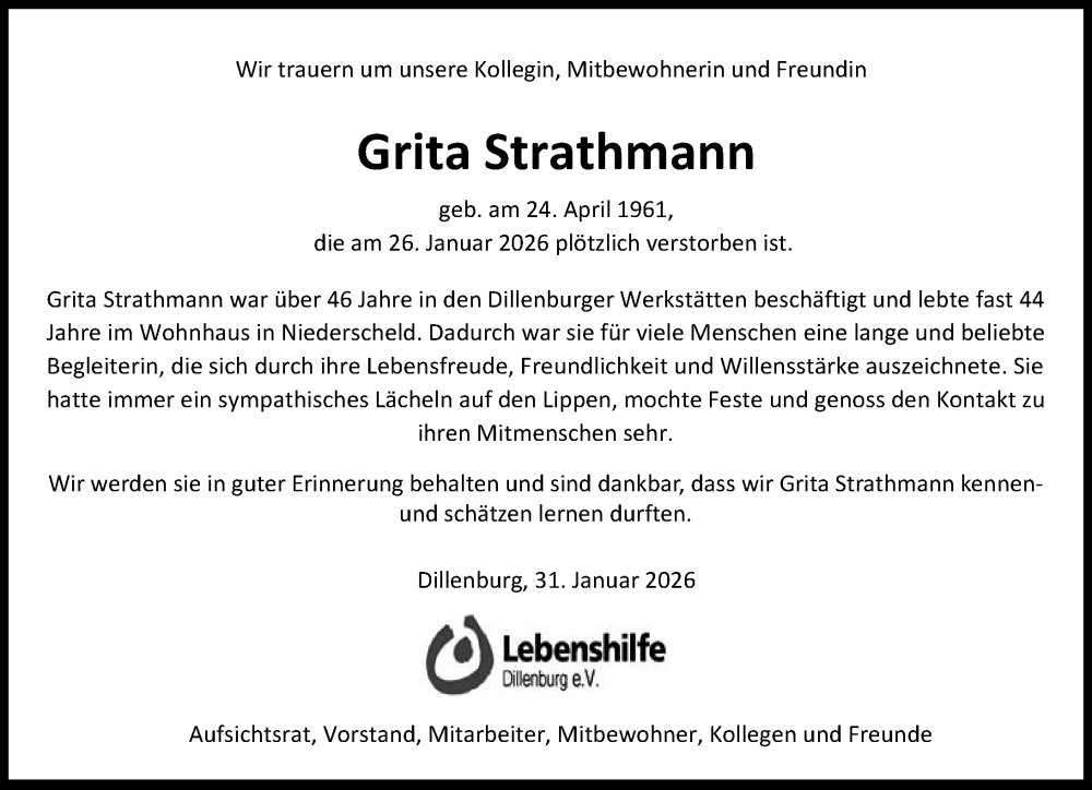  Traueranzeige für Grita Strathmann vom 31.01.2026 aus Dill Block