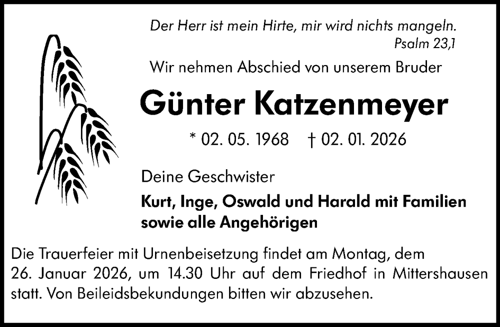  Traueranzeige für Günter Katzenmeyer vom 24.01.2026 aus Starkenburger Echo