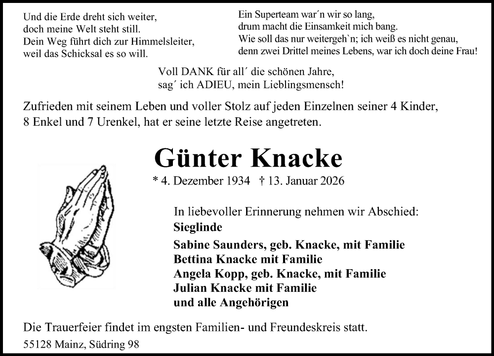  Traueranzeige für Günter Knacke vom 24.01.2026 aus Allgemeine Zeitung Mainz
